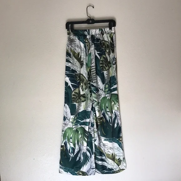 Green Tropical Leaf Print Wide Leg Trousers - S - Picture 2 of 5